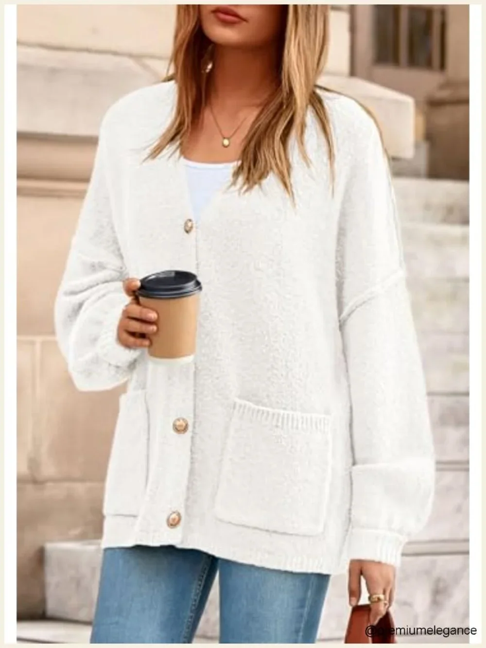 Chunky Cardigan Sweater with Lantern Sleeve Button Down Open Front Pockets